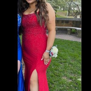 red rhinestone mermaid prom dress with a lace-up corset back + slit SIZE LARGE.